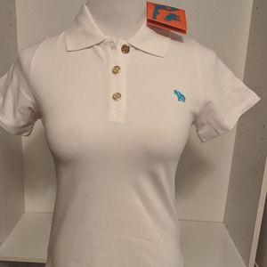 White collared "polo" style. Turquoise elephant
